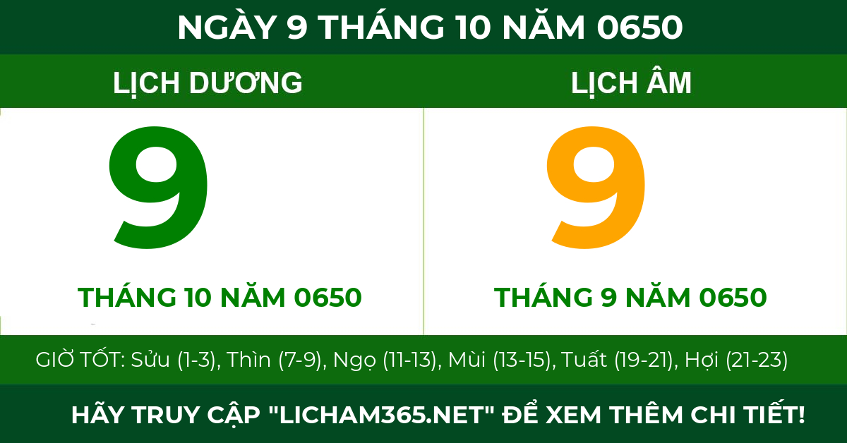 lịch âm ngày 9 tháng 10 năm 0650