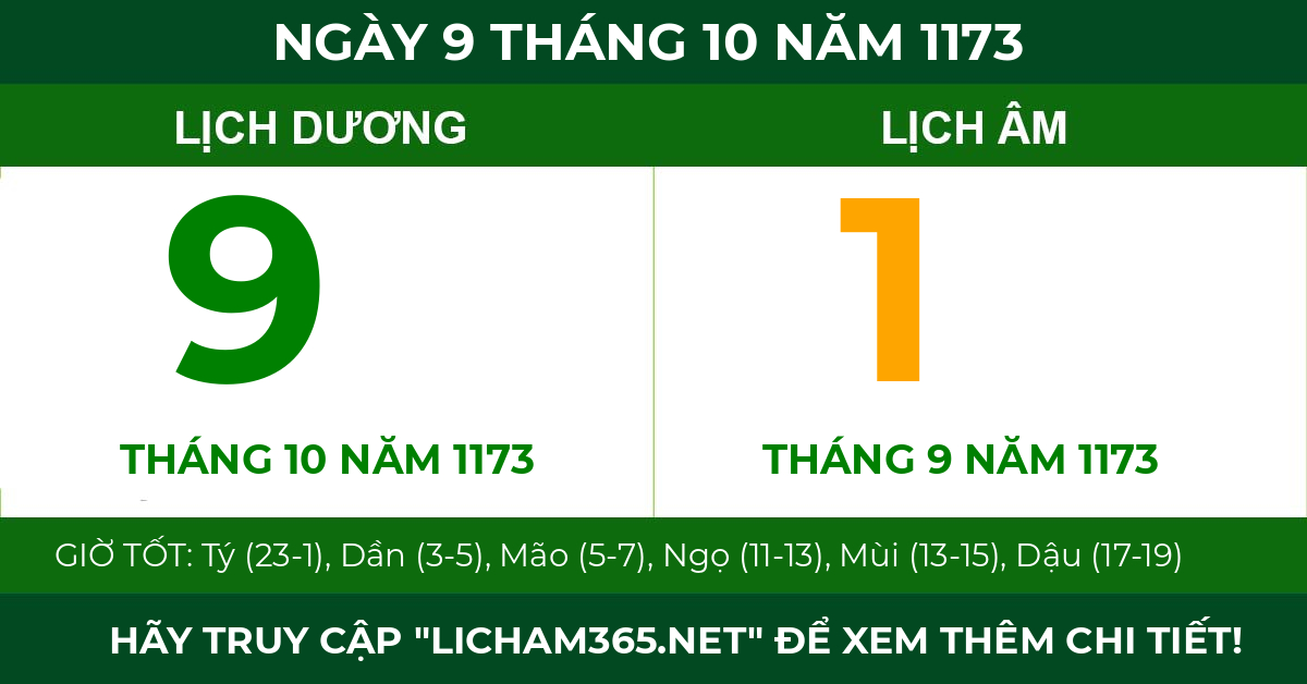 lịch âm ngày 9 tháng 10 năm 1173