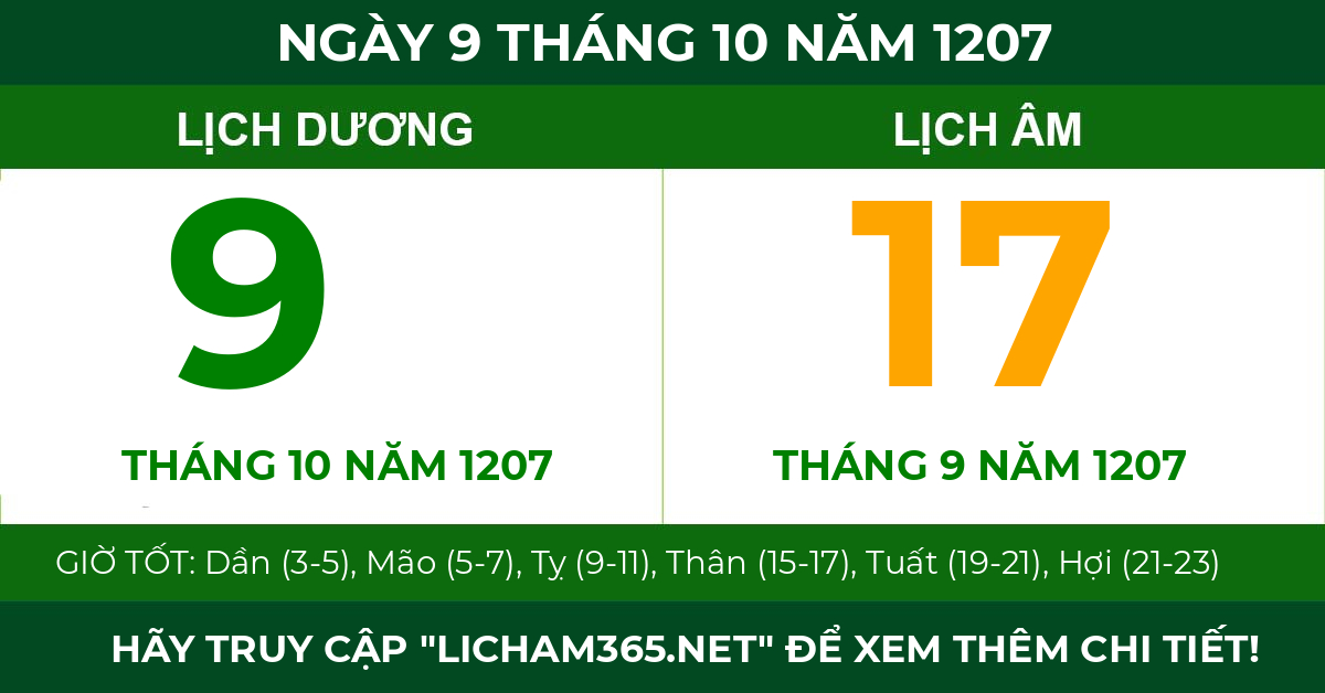 lịch âm ngày 9 tháng 10 năm 1207