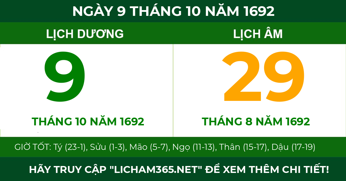 lịch âm ngày 9 tháng 10 năm 1692