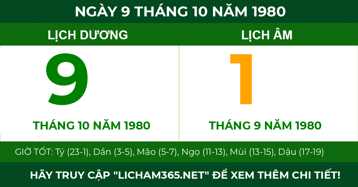 lịch âm ngày 9 tháng 10 năm 1980