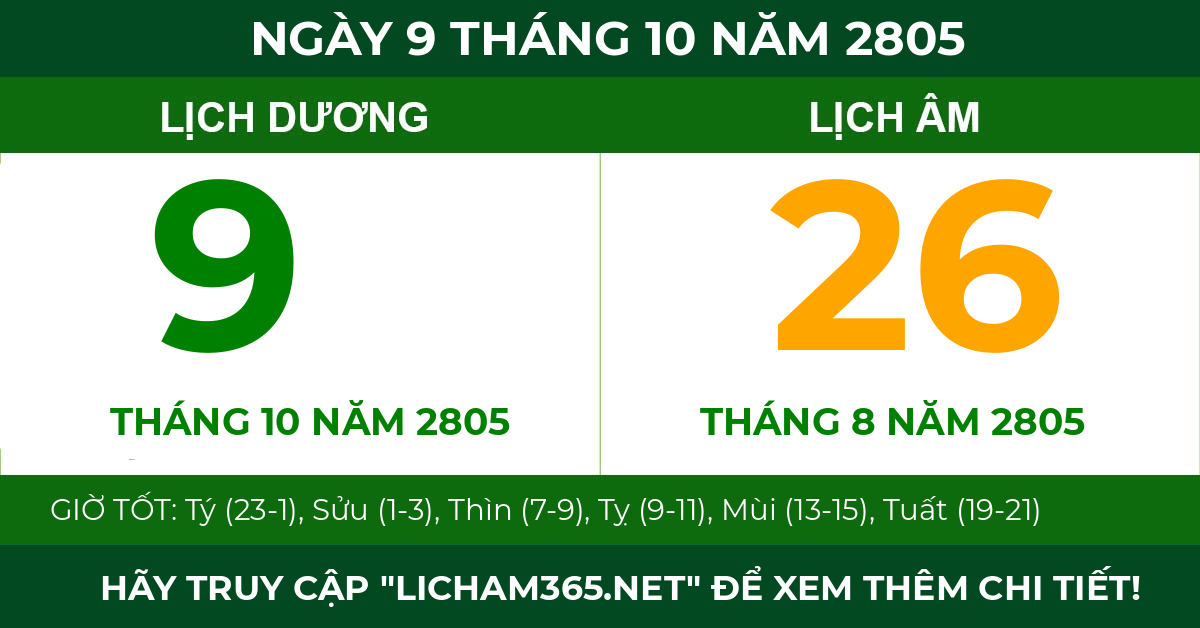 lịch âm ngày 9 tháng 10 năm 2805
