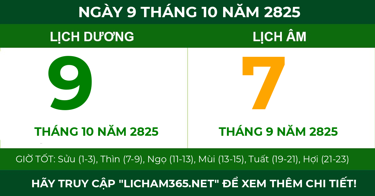 lịch âm ngày 9 tháng 10 năm 2825