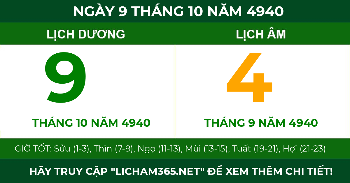 lịch âm ngày 9 tháng 10 năm 4940