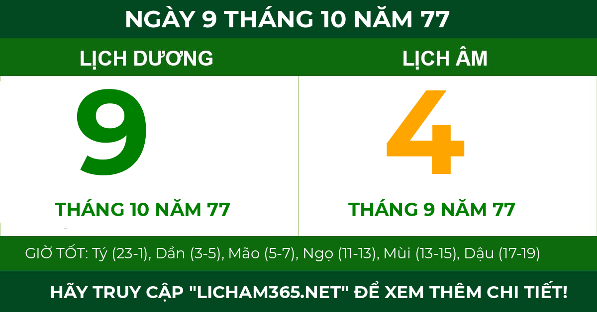 lịch âm ngày 9 tháng 10 năm 77
