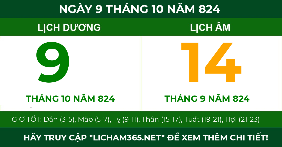 lịch âm ngày 9 tháng 10 năm 824
