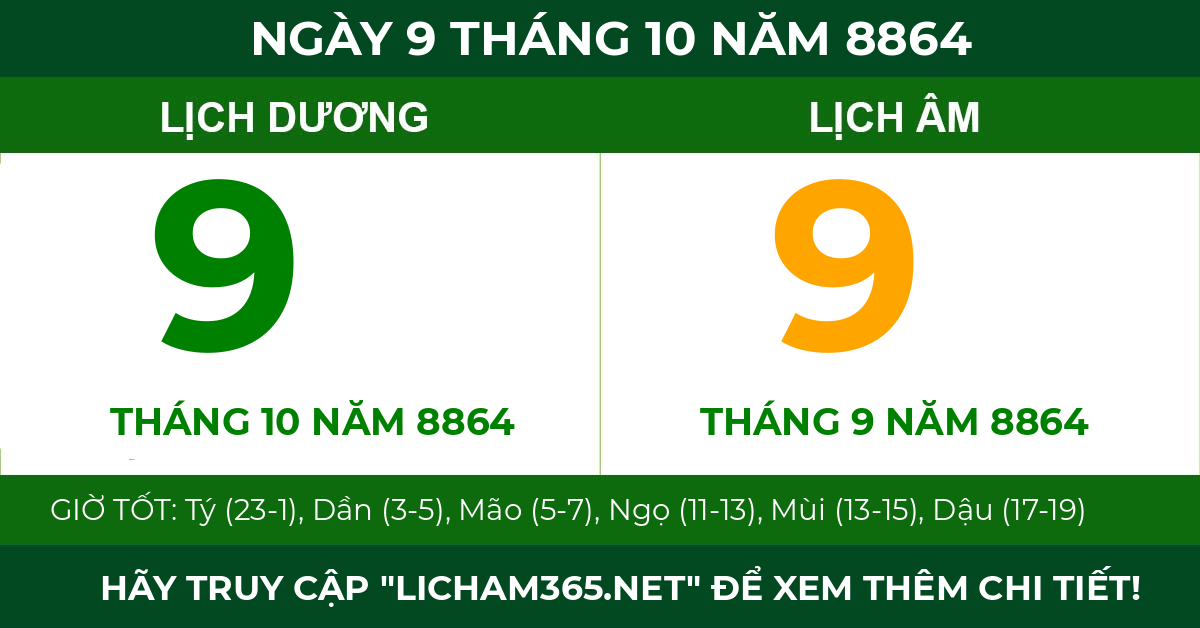 lịch âm ngày 9 tháng 10 năm 8864
