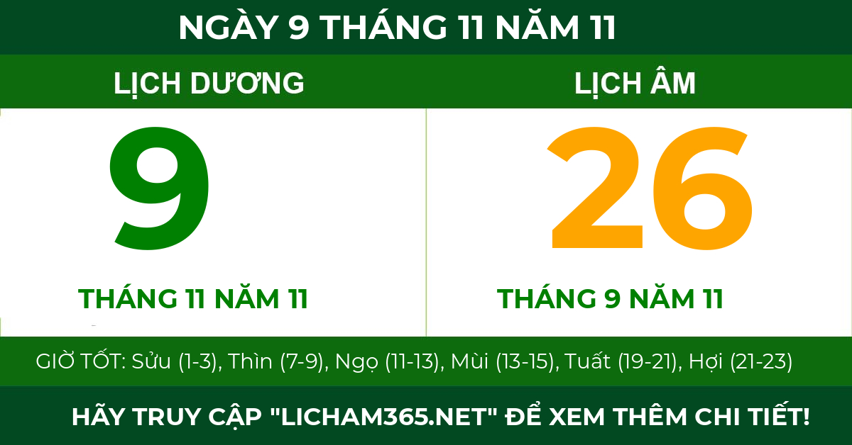 lịch âm ngày 9 tháng 11 năm 11