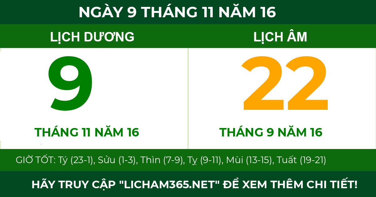 lịch âm ngày 9 tháng 11 năm 16