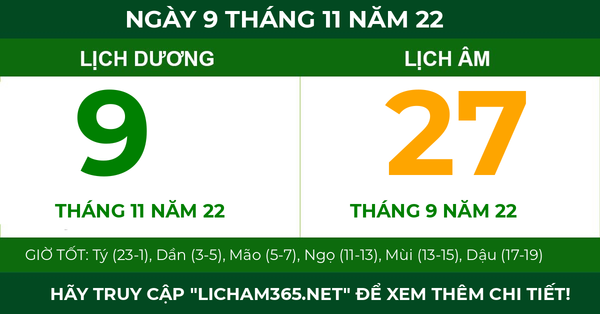 lịch âm ngày 9 tháng 11 năm 22