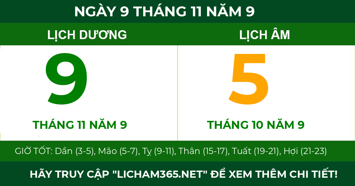 lịch âm ngày 9 tháng 11 năm 9