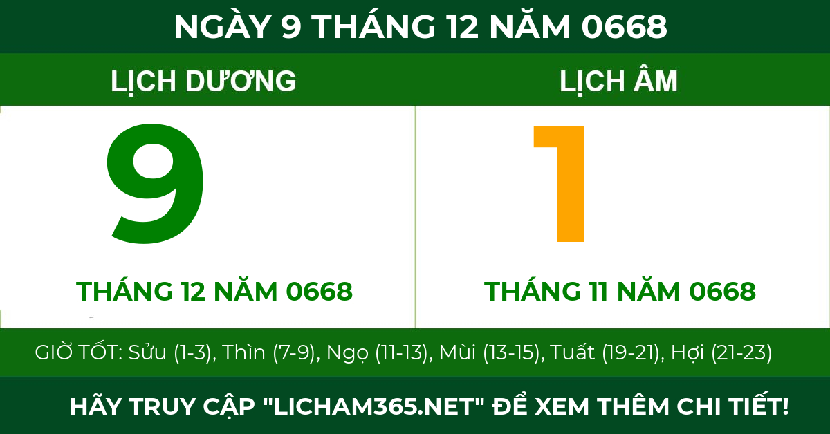 lịch âm ngày 9 tháng 12 năm 0668
