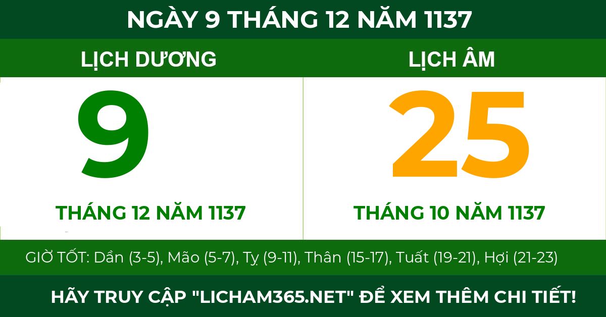 lịch âm ngày 9 tháng 12 năm 1137