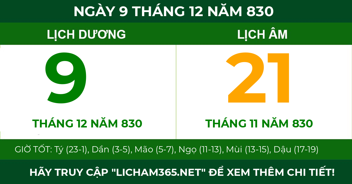 lịch âm ngày 9 tháng 12 năm 830