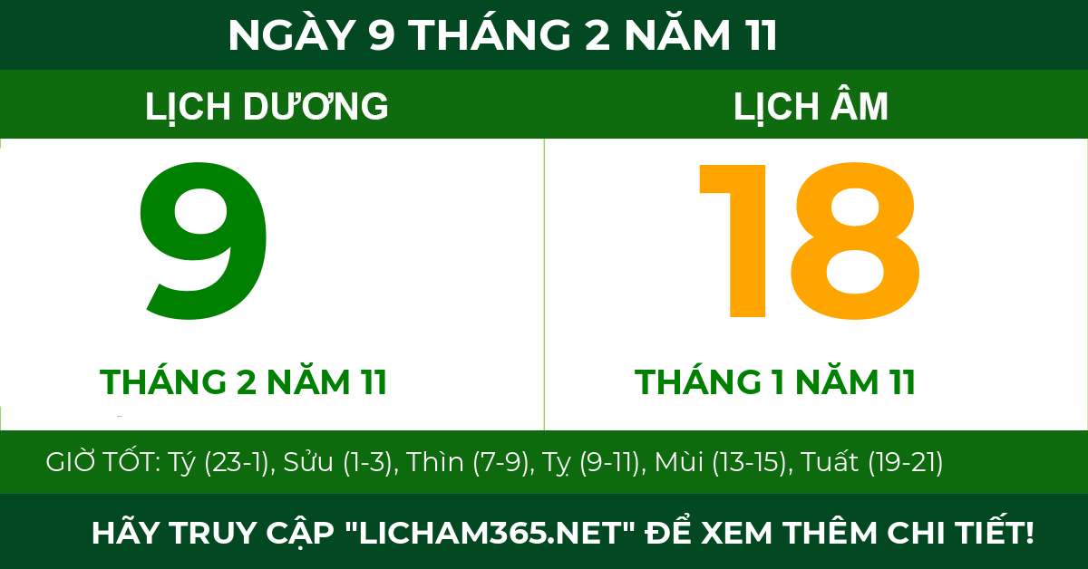lịch âm ngày 9 tháng 2 năm 11