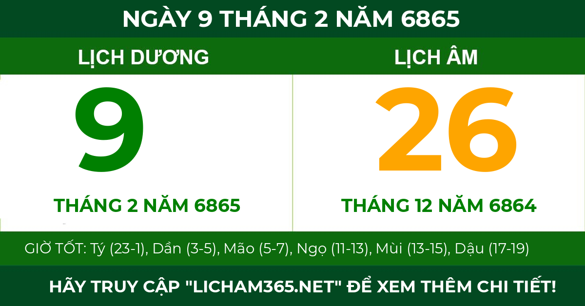 lịch âm ngày 9 tháng 2 năm 6865