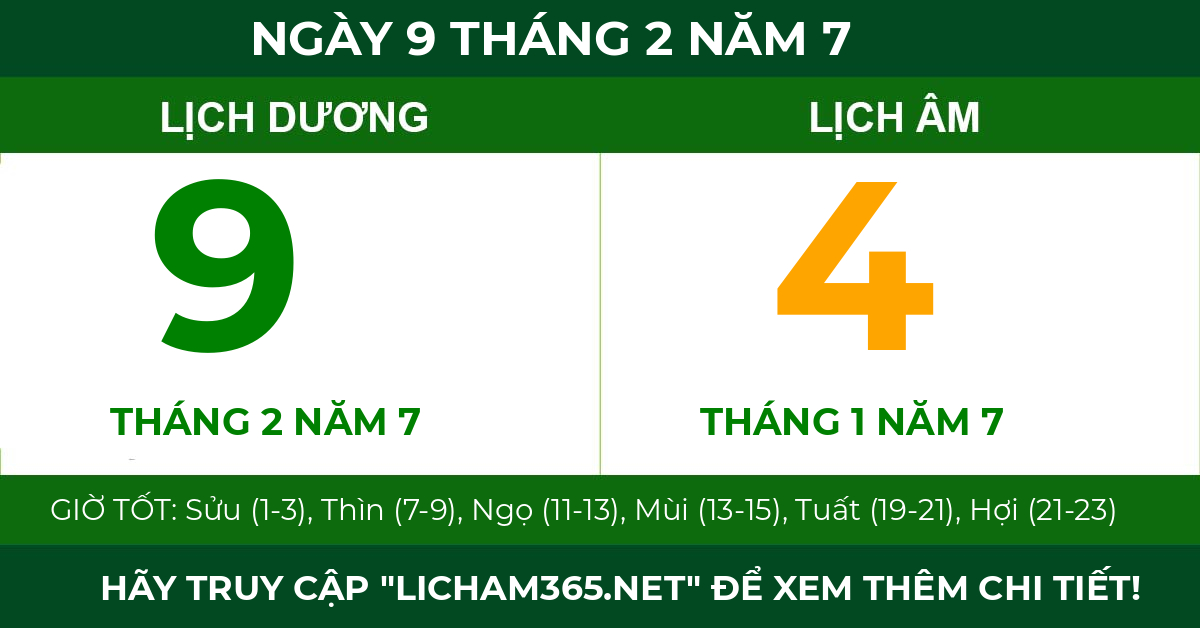 lịch âm ngày 9 tháng 2 năm 7