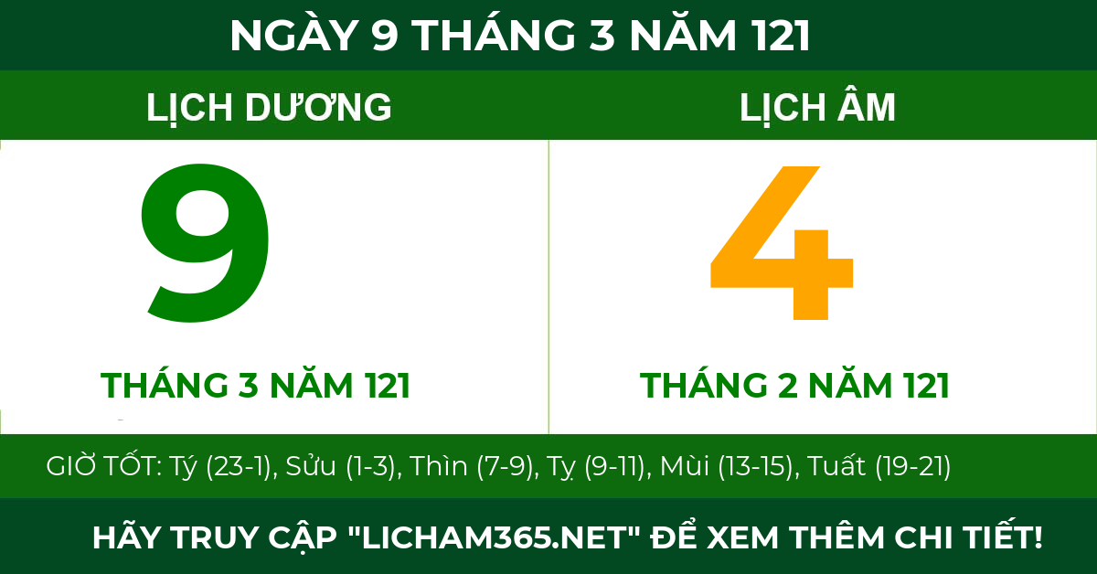 lịch âm ngày 9 tháng 3 năm 121