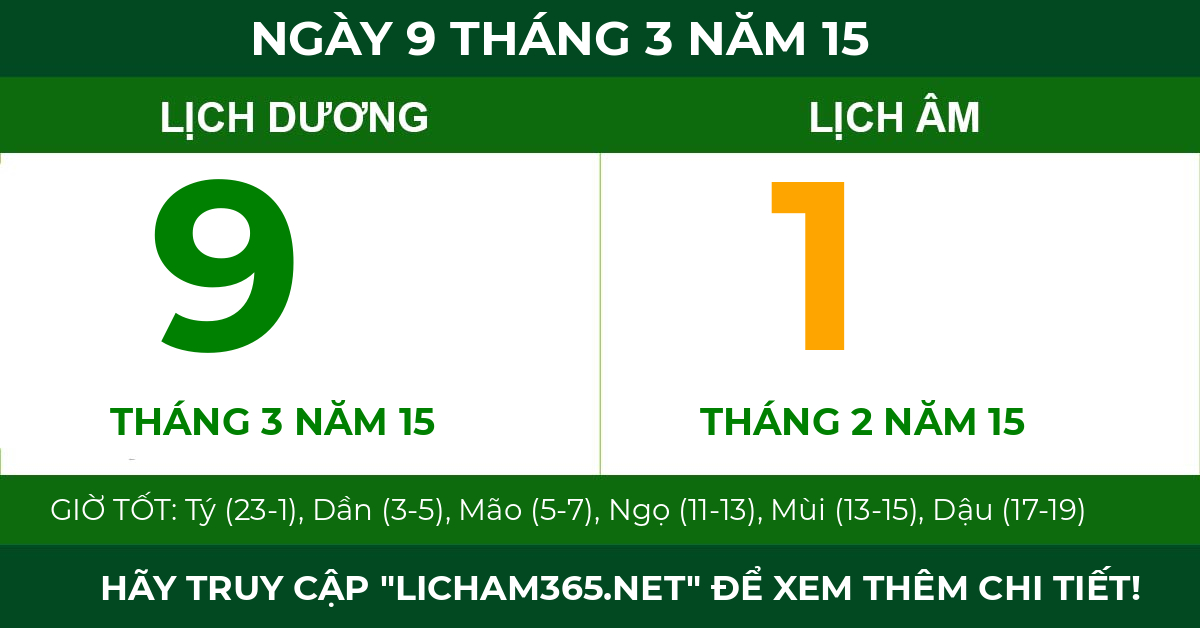 lịch âm ngày 9 tháng 3 năm 15