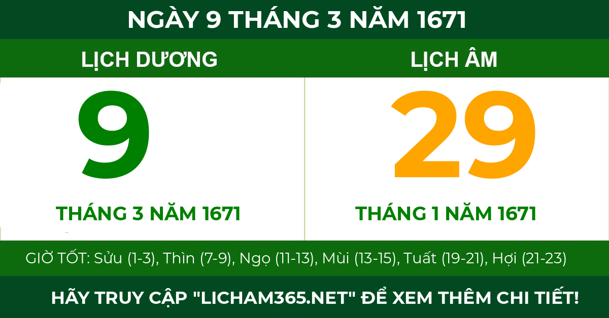 lịch âm ngày 9 tháng 3 năm 1671