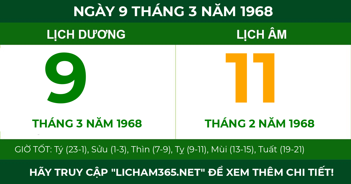lịch âm ngày 9 tháng 3 năm 1968