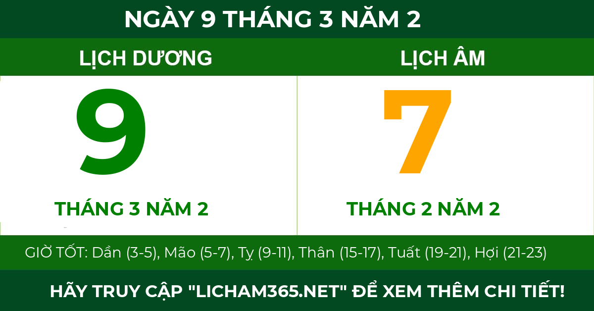 lịch âm ngày 9 tháng 3 năm 2