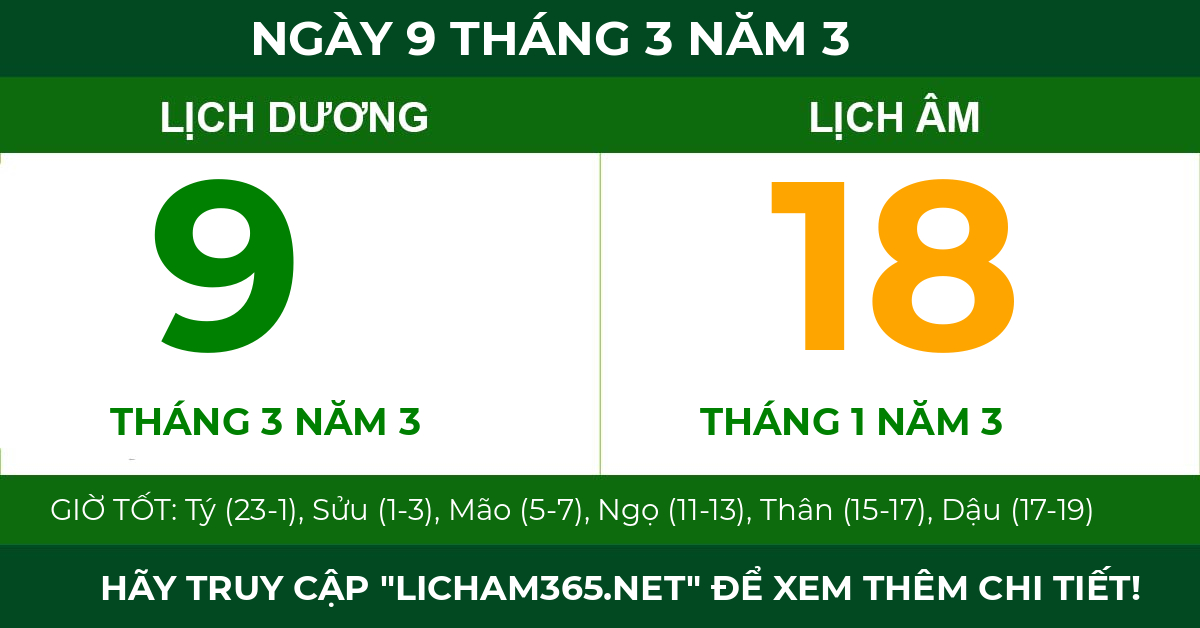 lịch âm ngày 9 tháng 3 năm 3