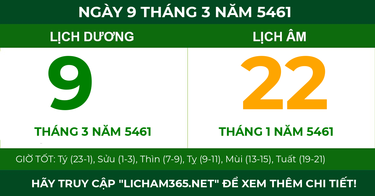 lịch âm ngày 9 tháng 3 năm 5461
