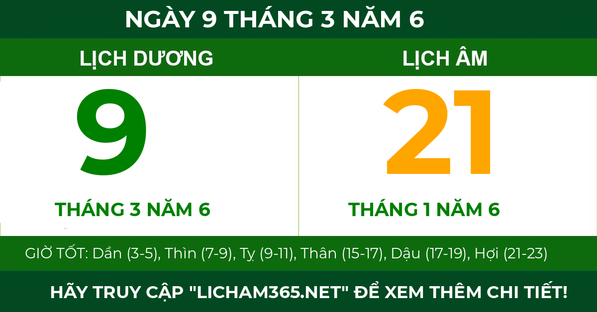 lịch âm ngày 9 tháng 3 năm 6
