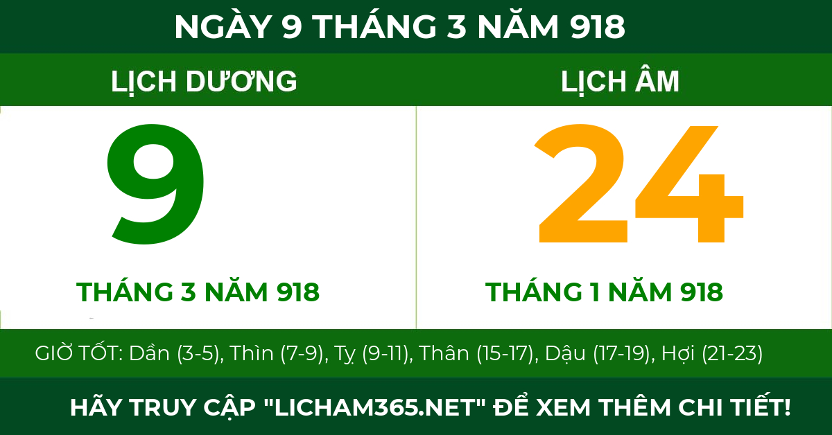 lịch âm ngày 9 tháng 3 năm 918