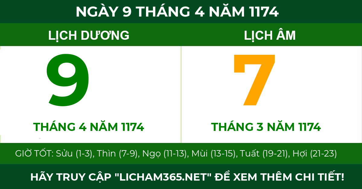 lịch âm ngày 9 tháng 4 năm 1174