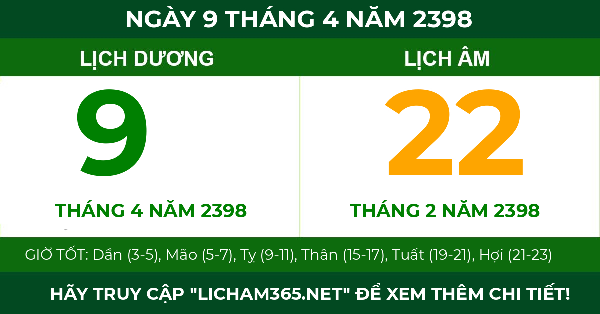 lịch âm ngày 9 tháng 4 năm 2398