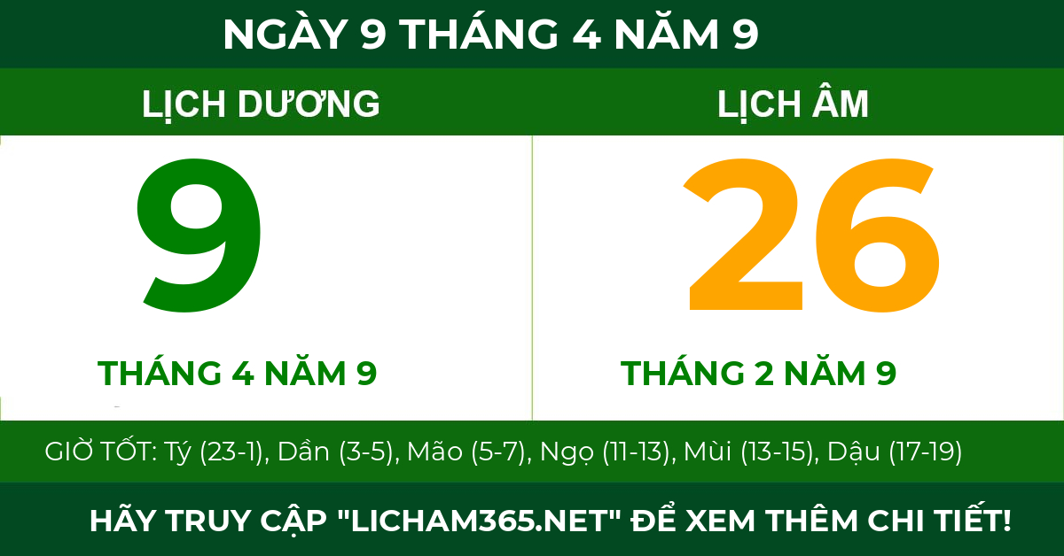 lịch âm ngày 9 tháng 4 năm 9
