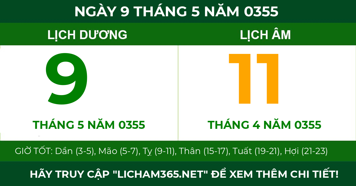 lịch âm ngày 9 tháng 5 năm 0355