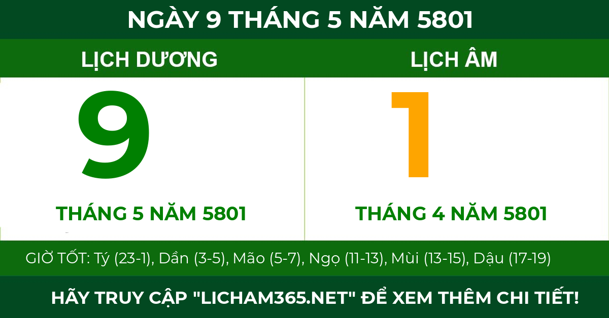 lịch âm ngày 9 tháng 5 năm 5801