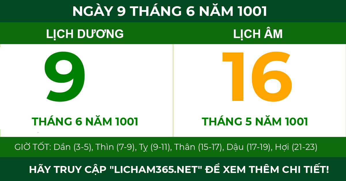 lịch âm ngày 9 tháng 6 năm 1001