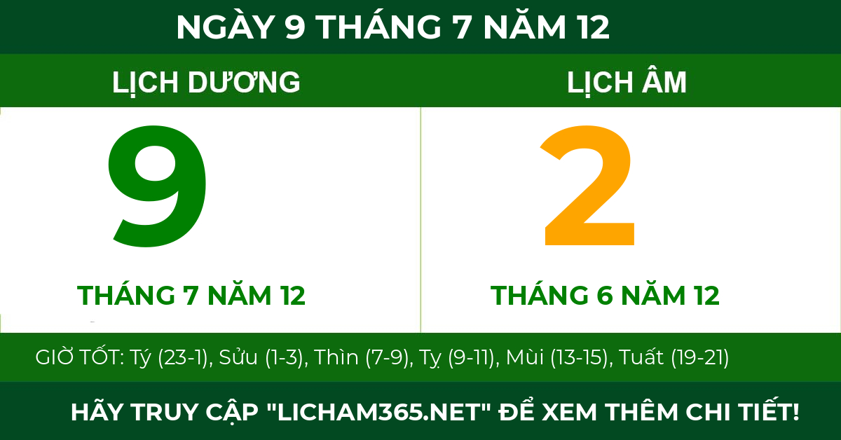 lịch âm ngày 9 tháng 7 năm 12