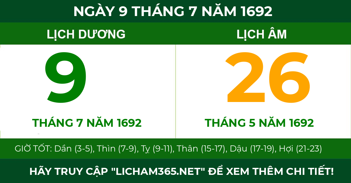 lịch âm ngày 9 tháng 7 năm 1692