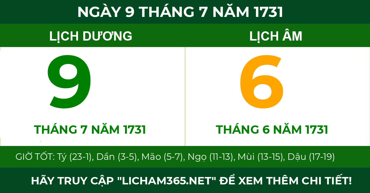 lịch âm ngày 9 tháng 7 năm 1731