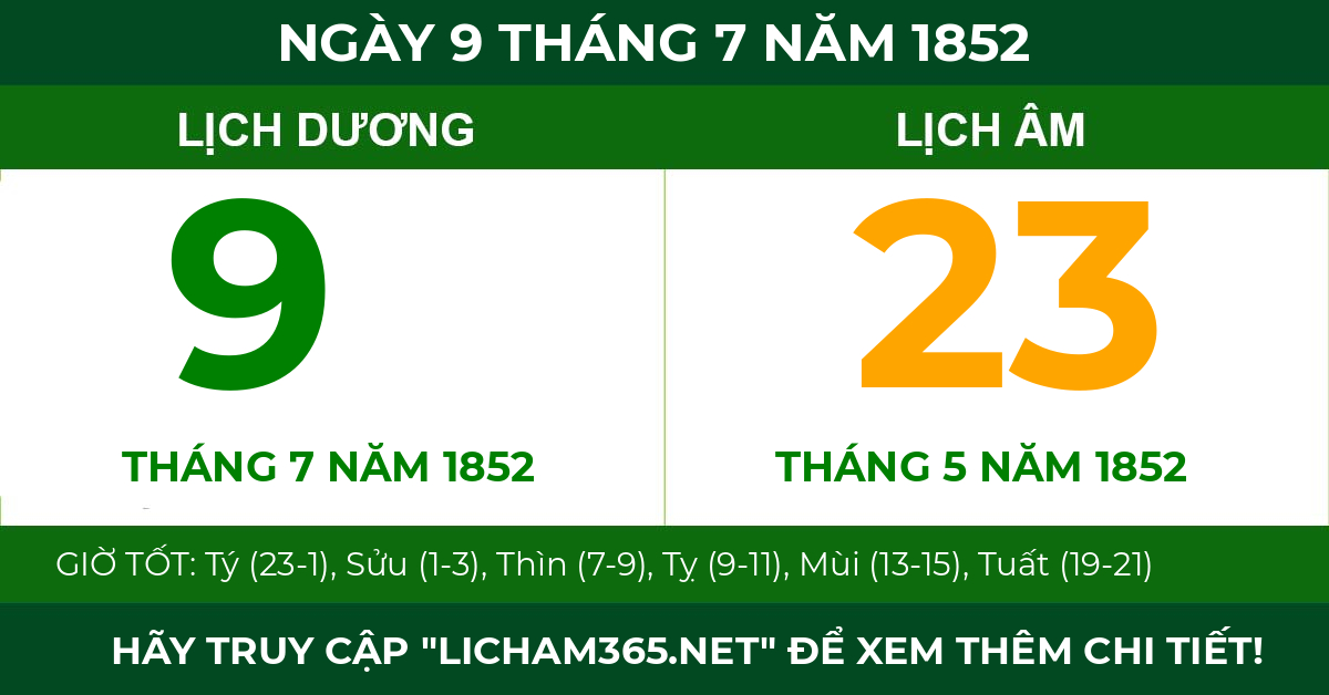 lịch âm ngày 9 tháng 7 năm 1852