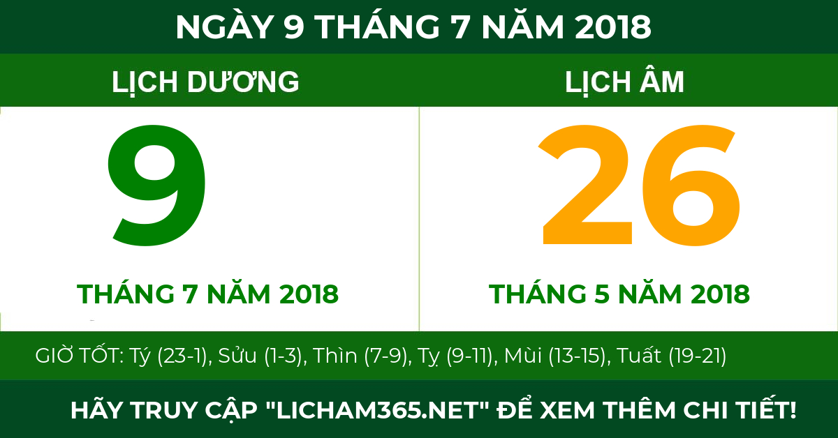 lịch âm ngày 9 tháng 7 năm 2018