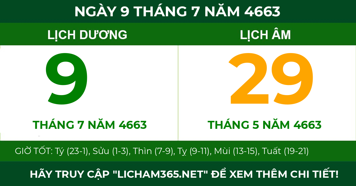 lịch âm ngày 9 tháng 7 năm 4663