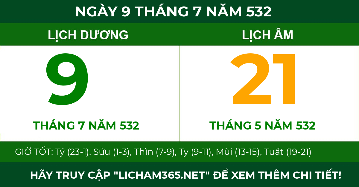 lịch âm ngày 9 tháng 7 năm 532