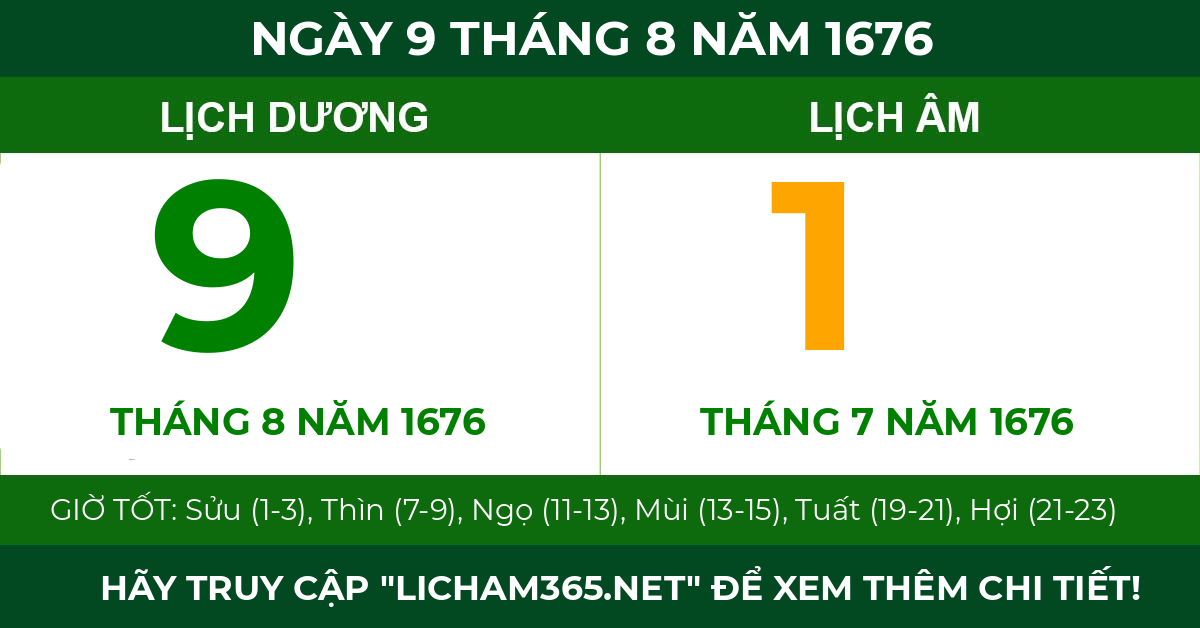 lịch âm ngày 9 tháng 8 năm 1676