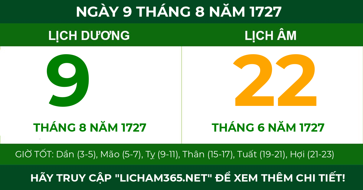 lịch âm ngày 9 tháng 8 năm 1727