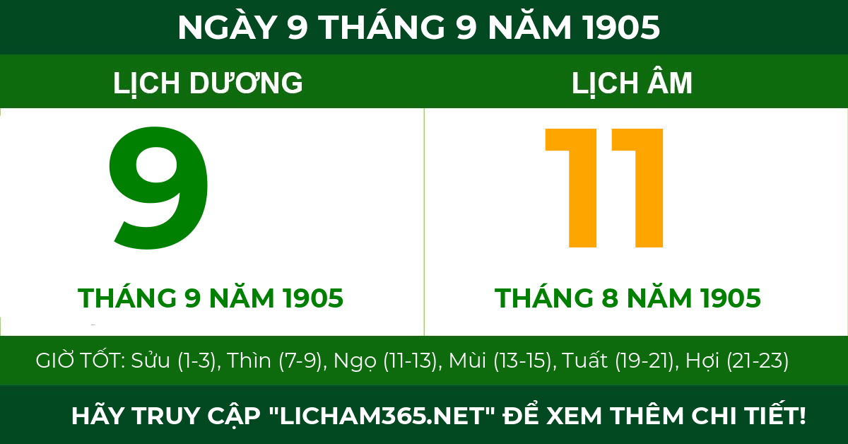 lịch âm ngày 9 tháng 9 năm 1905