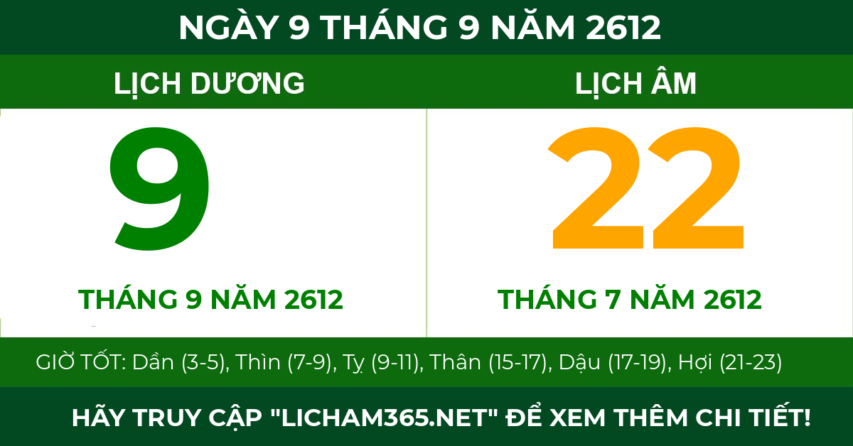 lịch âm ngày 9 tháng 9 năm 2612