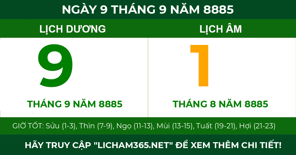 lịch âm ngày 9 tháng 9 năm 8885