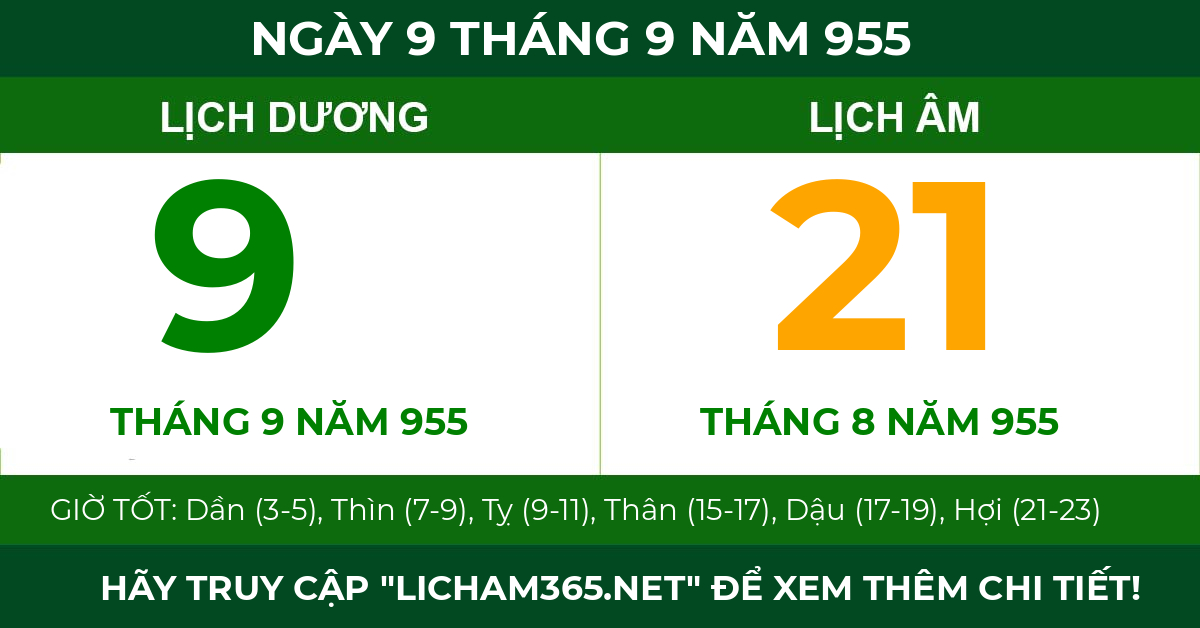 lịch âm ngày 9 tháng 9 năm 955